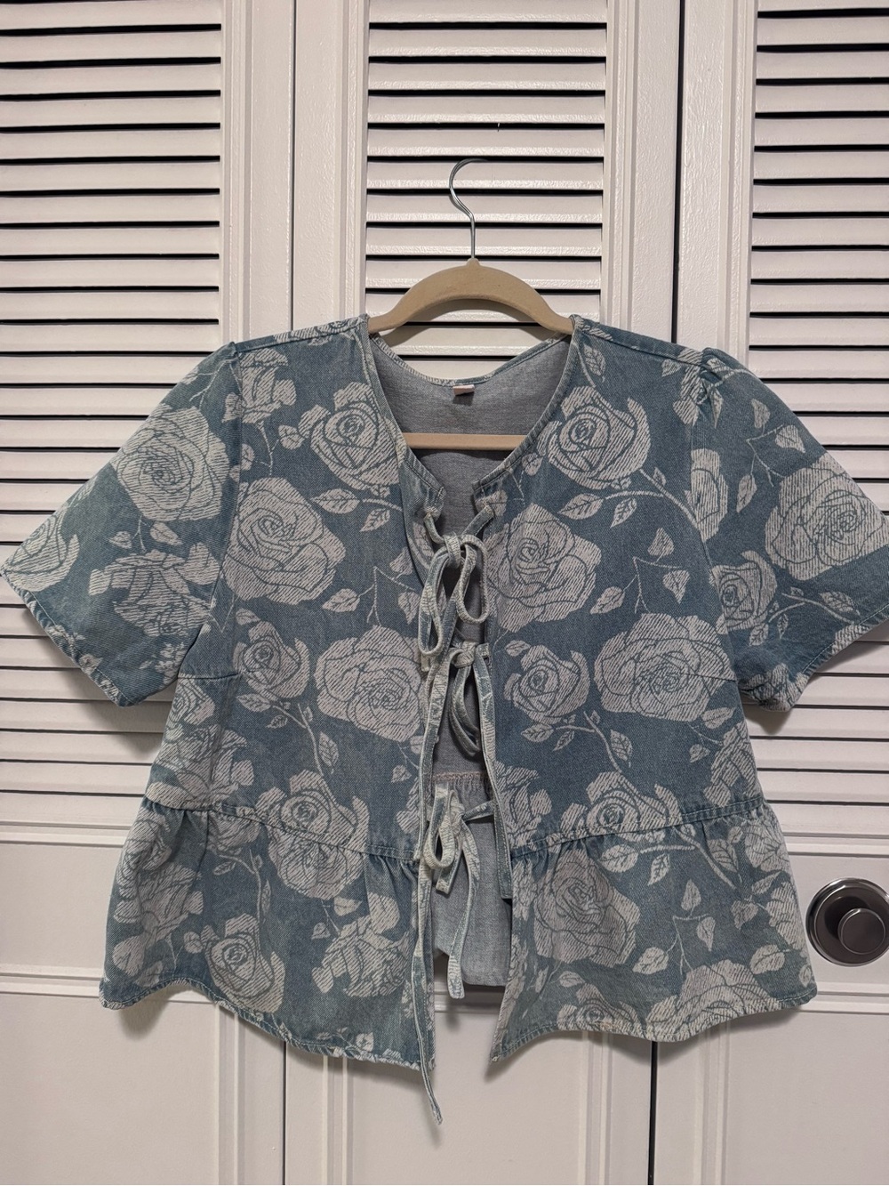 Blue Floral Lace-Up Denim top